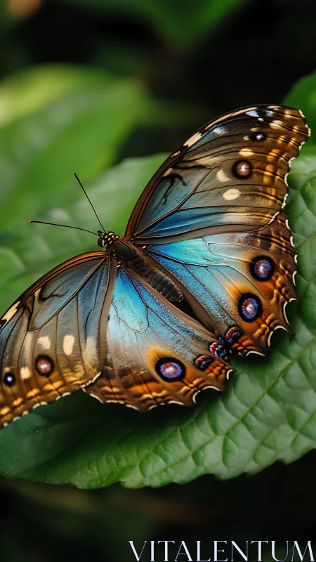 Iridescent butterfly rests on leaf in high-contrast macro study