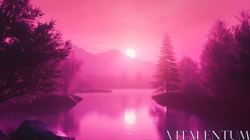 Neon dusk over tranquil river and silhouetted forest shoreline.