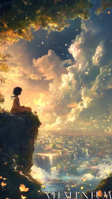 Celestial vista with meditative figure over luminous falls.