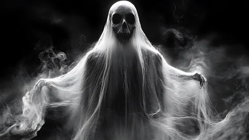 Hooded skeletal figure emerges within diffused volumetric smoke