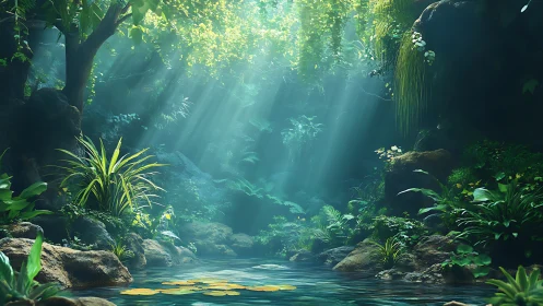 Volumetric Light Through Tropical Forest Canopy with Cascading Water.
