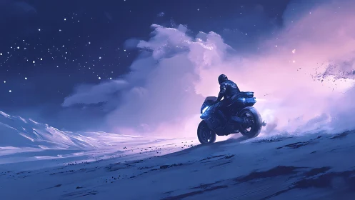 Digital painting of rider on neon bike in snowy dusk landscape.