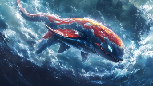 Majestic glowing whale-like creature in stormy ocean scene.