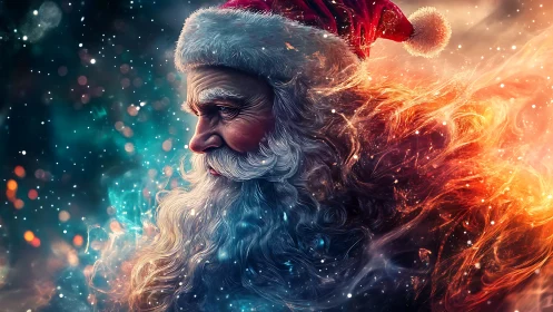 Santa in swirling winter firelight and softly glowing snow.