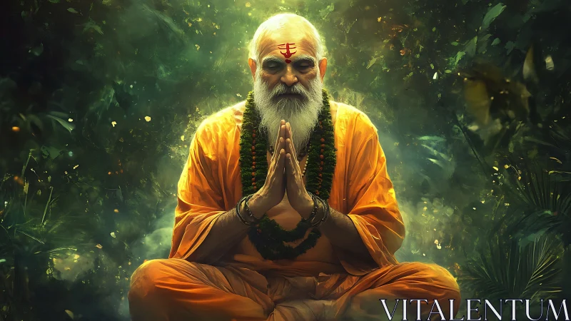Digital painting of meditative sage in luminous jungle aura.