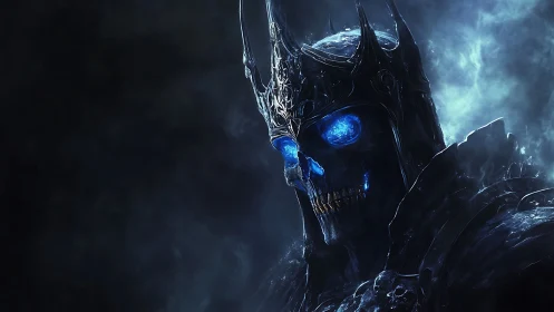 Crown‑armored necrotic warlord with bioluminescent gaze.