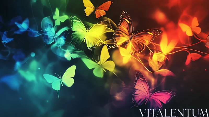 Multicolored butterflies in abstract gradient light field.