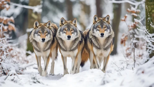 Winter wolf trio standing proud in a peaceful snowy forest.