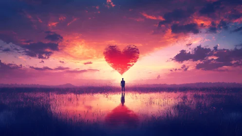 Silhouetted Figure Beneath Cardioid Sunset Phenomenon in Marshy Terrain.