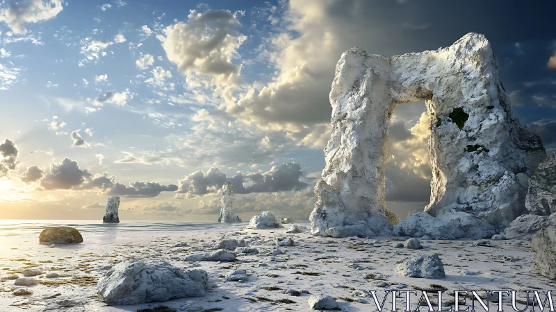 Photoreal seascape with monumental eroded arch rock formation.