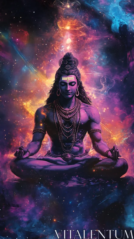 Cosmic yogic deity rendered in luminous nebular color gradients