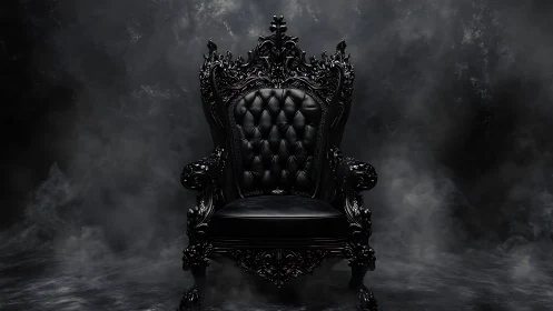 Ornate black throne chair is centered in a dark studio