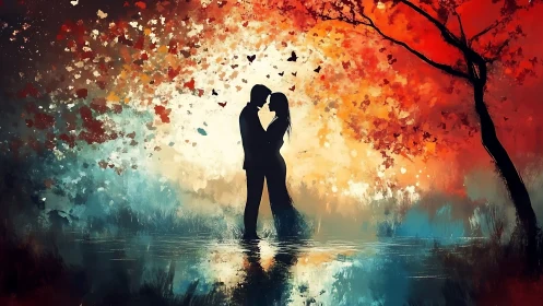 Love Under Falling Leaves: A Romantic Waterside Moment.