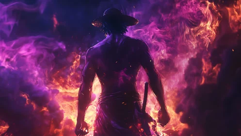 Backlit warrior silhouette emerges through magenta-orange flames