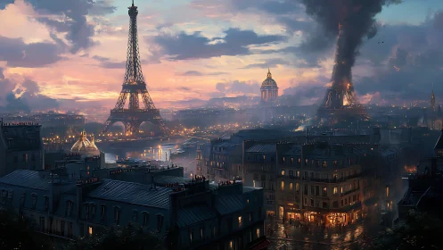 Evening Paris skyline glows as twin towers rise in drama