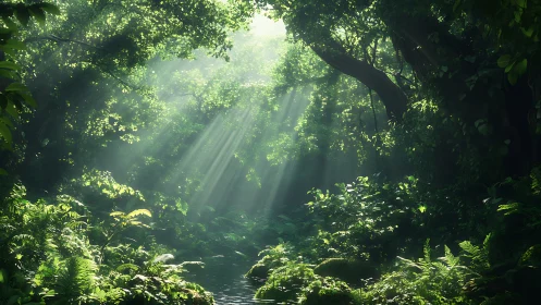 Sunlit Forest Stream with Cathedral Light Rays.