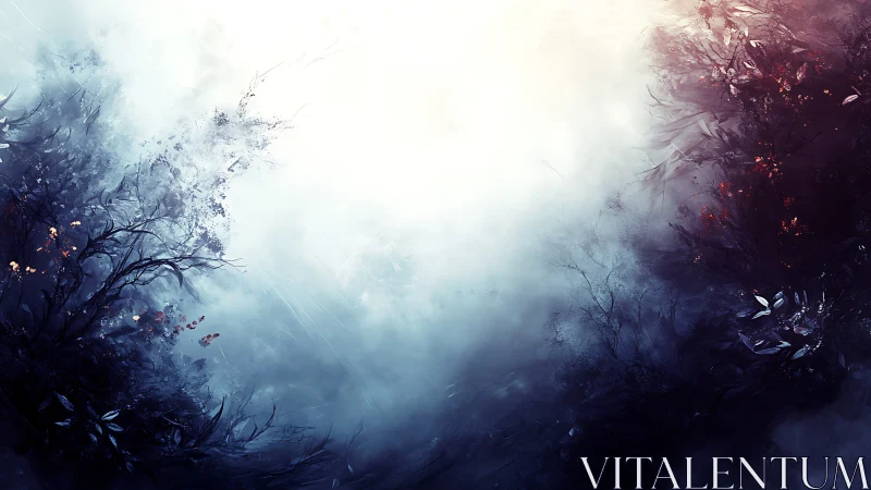 Ethereal mist divides dark enchanted forest silhouettes