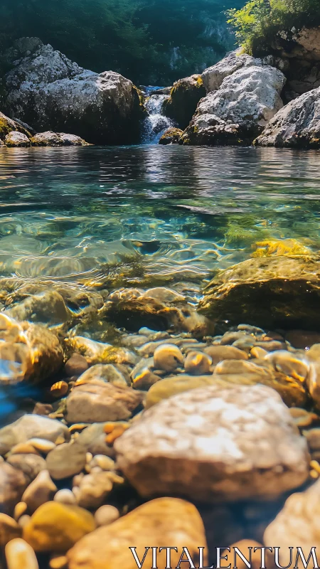 Shallow riverbed optics with upstream cascade and karst boulders.