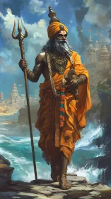 Warrior monk strides storm coast beneath temple citadels.