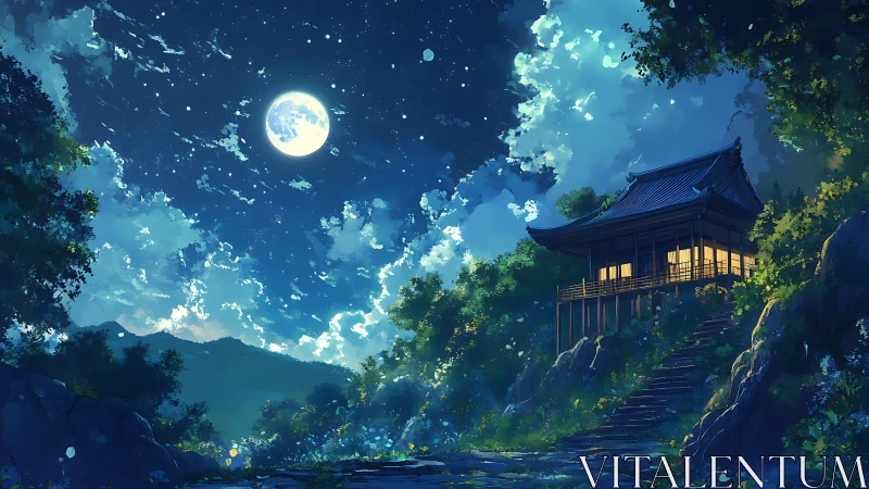 Moonlit hillside temple rendered in atmospheric anime style