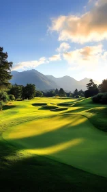 Sunlit golf fairway winds through serene mountain valley.