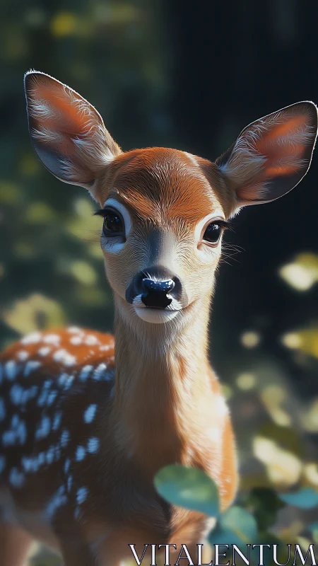Photorealistic portrait of young fawn in soft forest bokeh.