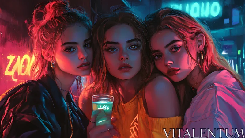 Neon-lit trio rendered in high-saturation cyber-noir portraiture