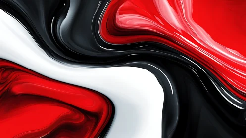 Red, black and white fluid ribbons form glossy abstract wave