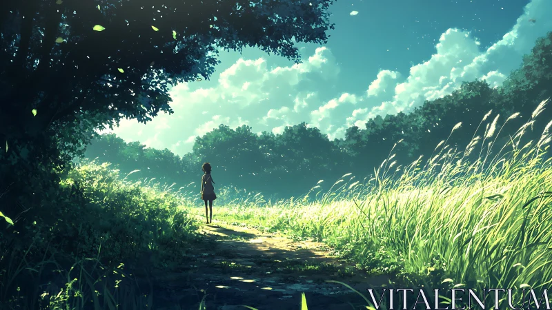 Solitary figure on sunlit path through tall summer grass.