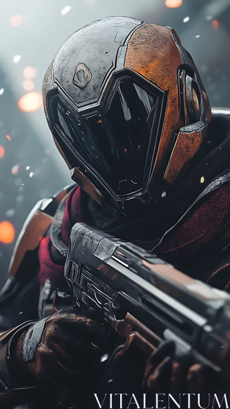 Sci fi guardian ready for battle in a glowing snowfall.