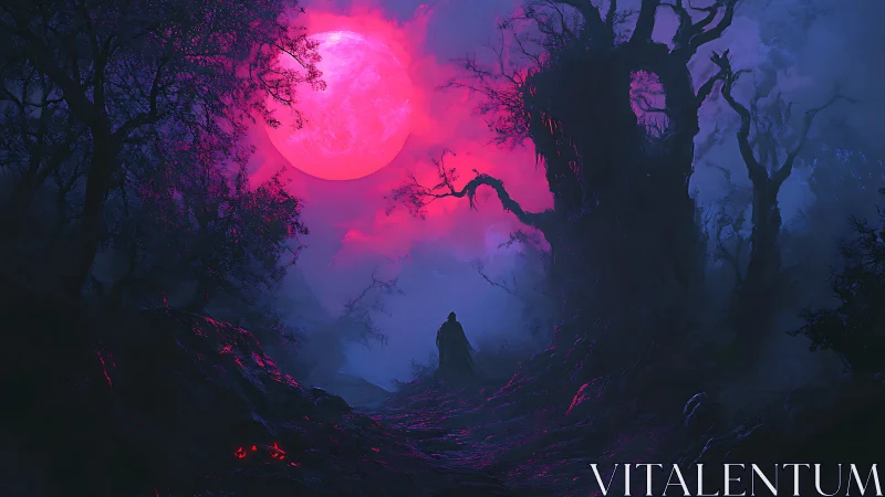 Wanderer Under a Neon Blood Moon in Enchanted Woods.