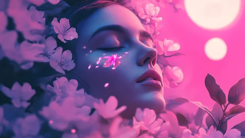 Dreamlit floral portrait in neon pink celestial glow.