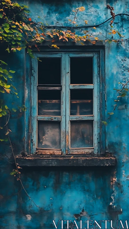 Weathered blue window quietly holds memories and soft charm