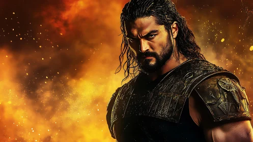 Battle-hardened warrior in bronze armor amid fiery embers.