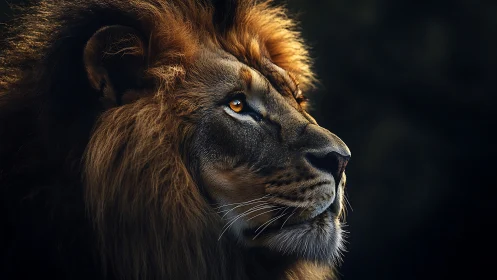 Photorealistic lion profile with dramatic chiaroscuro lighting.