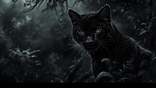 Midnight black cat watching the quiet forest with calm eyes.