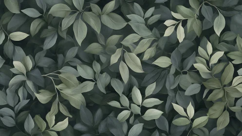 Muted botanical foliage pattern with layered green leaves.