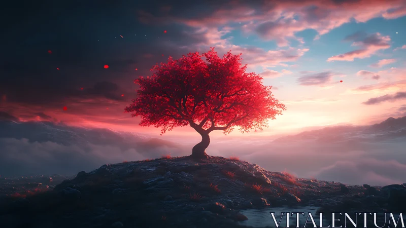 Solitary red tree crowns rocky hill under volumetric sunset sky