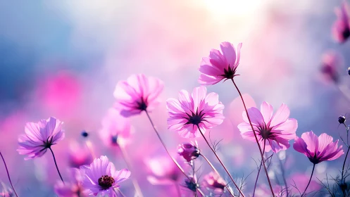Pink Cosmos Flowers Backlit Against Soft Blue Sky.