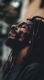 Low key portrait profile with upward tilt and dreadlock detail.