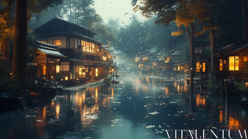 Lantern-lit riverside ryokan dreaming under misted dusk.