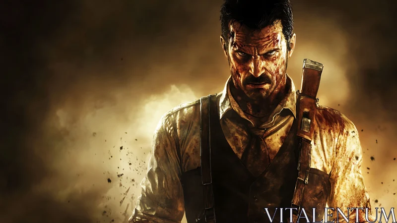 Battle-worn gunman emerges from smoky backlight with gritty detail