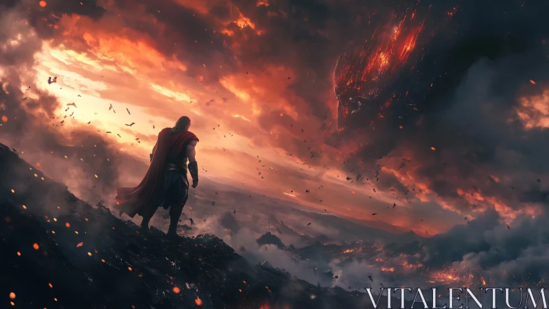 Armored warrior confronts apocalyptic sky under eruptive clouds