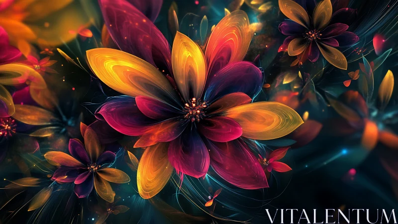 Digital painting of luminous abstract nebula blossoms in bloom.