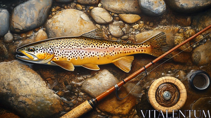 Trout lies on river stones beside wooden fly fishing rod