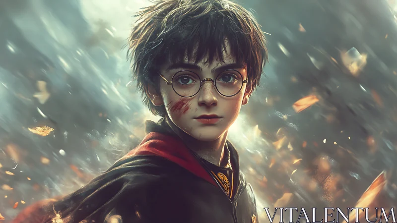 Young wizard in swirling magical embers stares ahead.