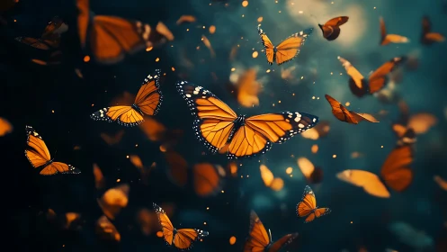 Digital painting of monarch butterflies in luminous drift.