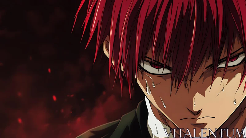 Fierce red haired anime hero holding back stormy tears.