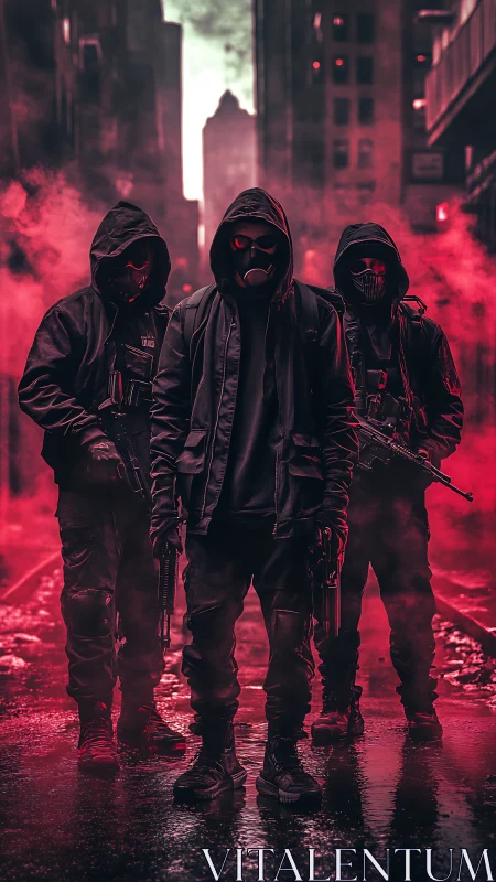 Masked urban enforcers in red smoke filled dystopian alley.