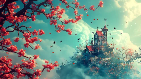 Elevated fantasy castle framed by blossom-laden branches in mist